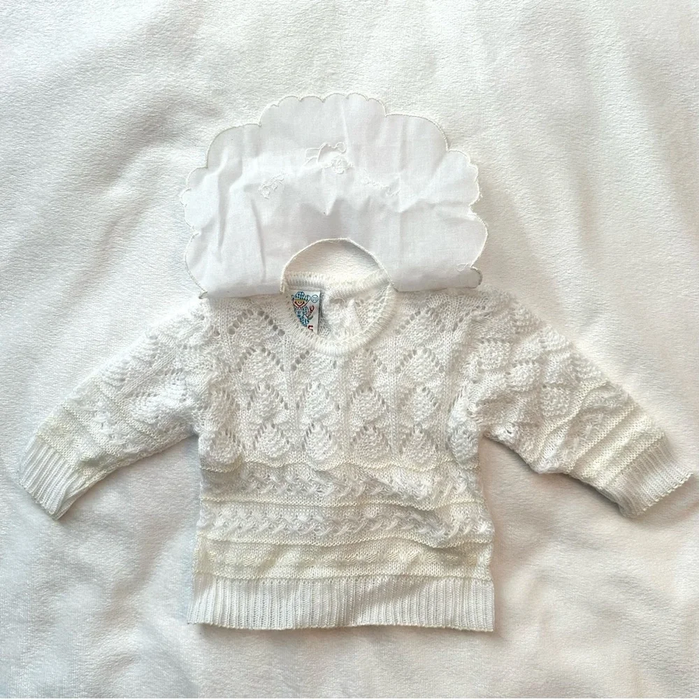Vintage Rodes Ivory Knit Baby Bear Sweater 0-3M Scalloped Bib Buttonback Neutral